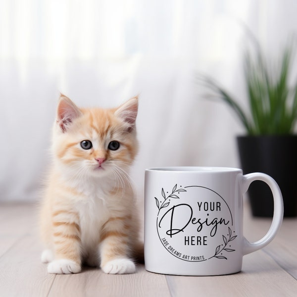 Cute Kitten Mug Mockup, White 11oz Ceramic Coffee Mugs Mock Up, Cat Cats Cup Mock-Up, PNG JPG Digital Download Animal Lover Stock Photo POD