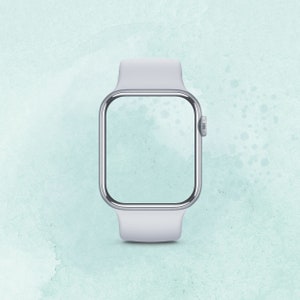 May include: A silver smartwatch with a white silicone band. The watch face is blank.
