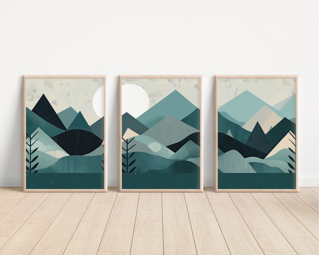 Teal Mountain Landscape Wall Art Print Set of 3 Abstract Prints for ...