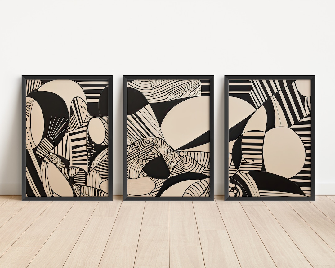 Midcentury Modern Printable Wall Art Set of 3 Black and Tan Abstract ...