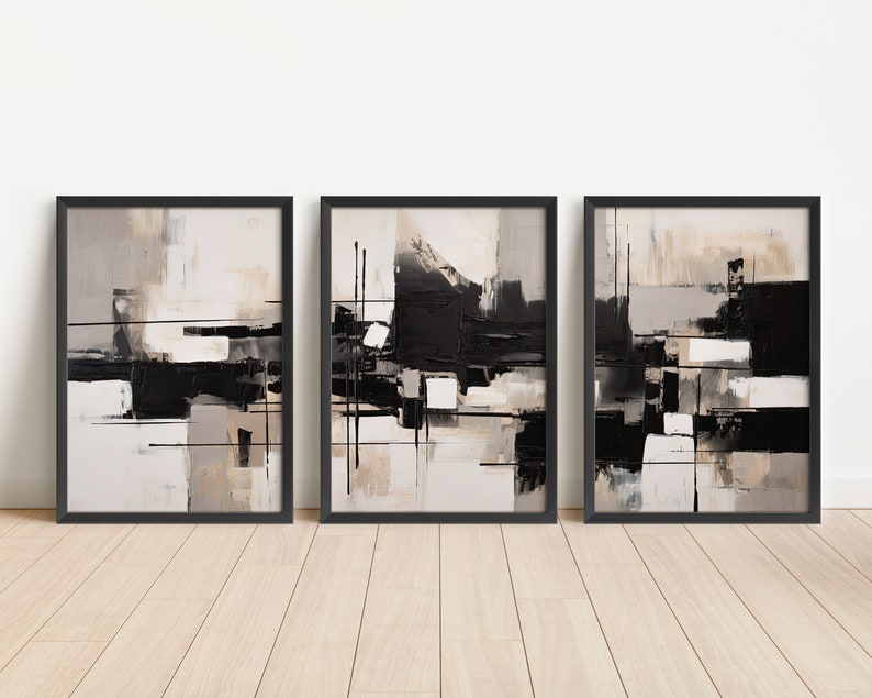 Modern Neutral Abstract Printable Wall Art Set of 3 Black and Beige ...