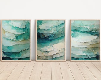 Abstract Ocean Watercolor Print Set, Teal Beige Coastal Art (Digital Download)