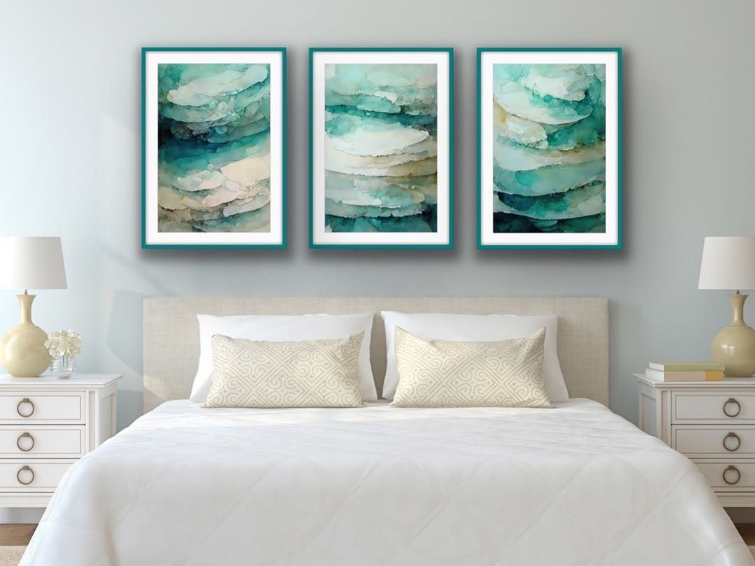 Beach Watercolor Wall Art Set of 3 Abstract Prints Ocean Printable Wall