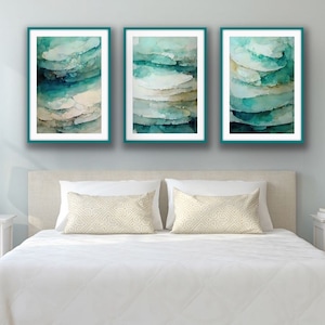 Beach Wall Art Set of 3, Teal Abstract Prints Ocean Printable Wall Art Teal Beige Neutral Print Coastal Decor Beach Watercolor Wall Art Set