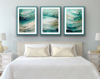 Beach Watercolor Art Prints, Set of 3, Teal Beige Coastal Decor (Digital Download)