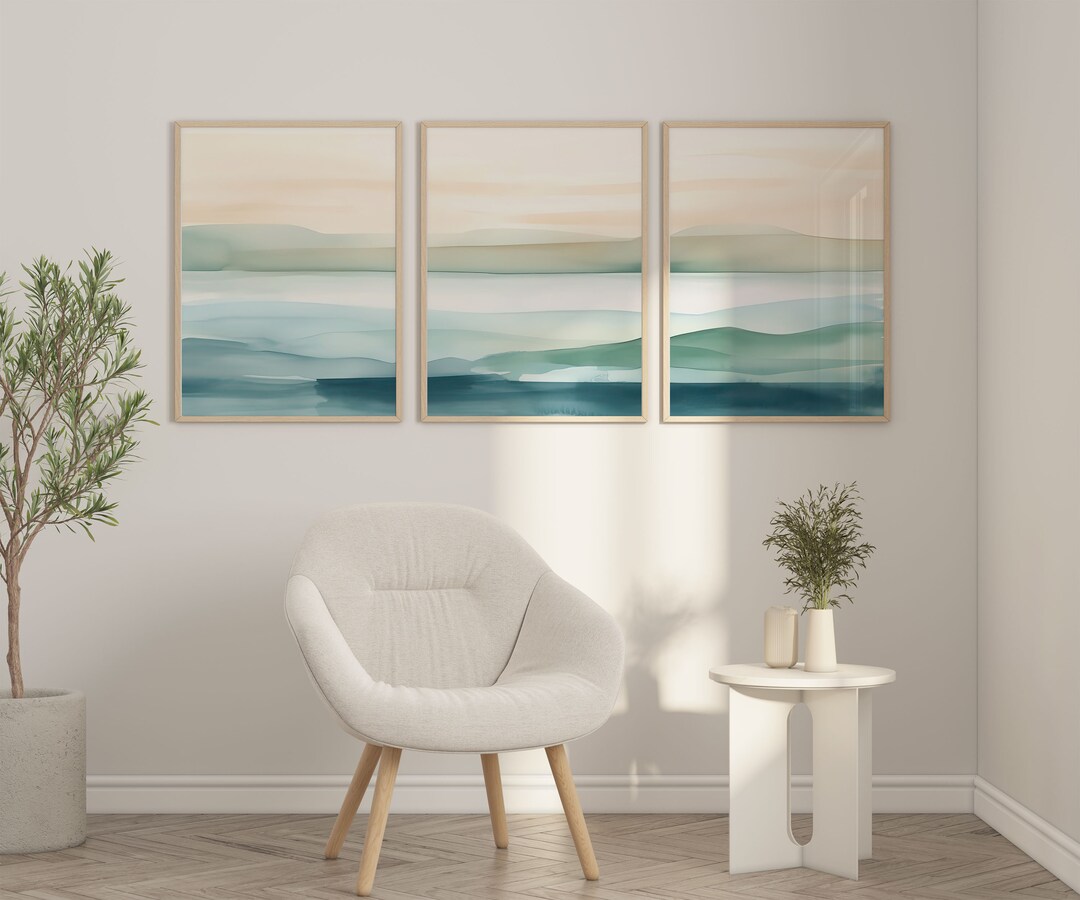 Sunset Beach Watercolor Wall Art Set of 3 Coastal Prints Ocean Blue
