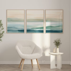 Sunset Beach Watercolor Wall Art Set of 3 Coastal Prints Ocean Blue Watercolor Wall Art Minimalist Beach House Decor Teal Coastal Wall Decor