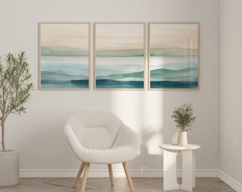 Sunset Beach Acquerello Wall Art Set di 3 stampe costiere Ocean Blue Acquerello Wall Art Minimalist Beach House Decor Teal Coastal Wall Decor
