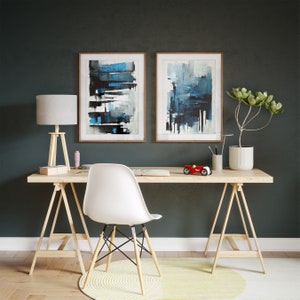 Blue Black Abstract Wall Art Set of 2 Piece Wall Art Modern Decor Apartment Decor Contemporary Art Prints Home Decor blue black grey white
