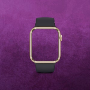 May include: A gold-colored Apple Watch with a black band. The watch face is blank.