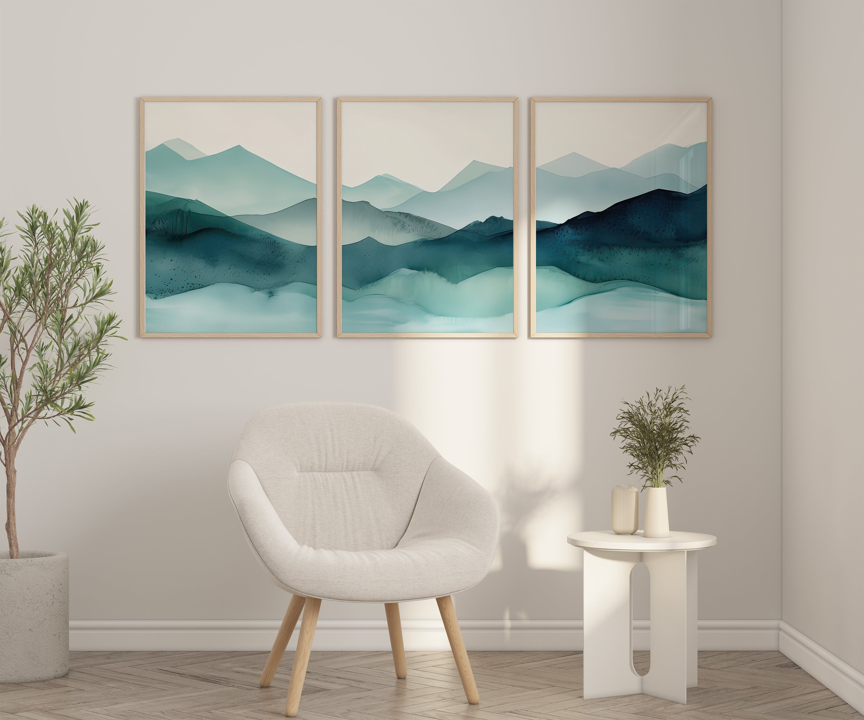 Teal Mountains Wall Art Set of 3 Piece Wall Art Prints Teal Watercolor ...