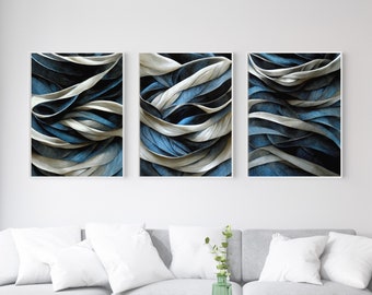 May include: Three abstract art prints with a blue and white wavy pattern. The prints are framed in white and are arranged in a row.