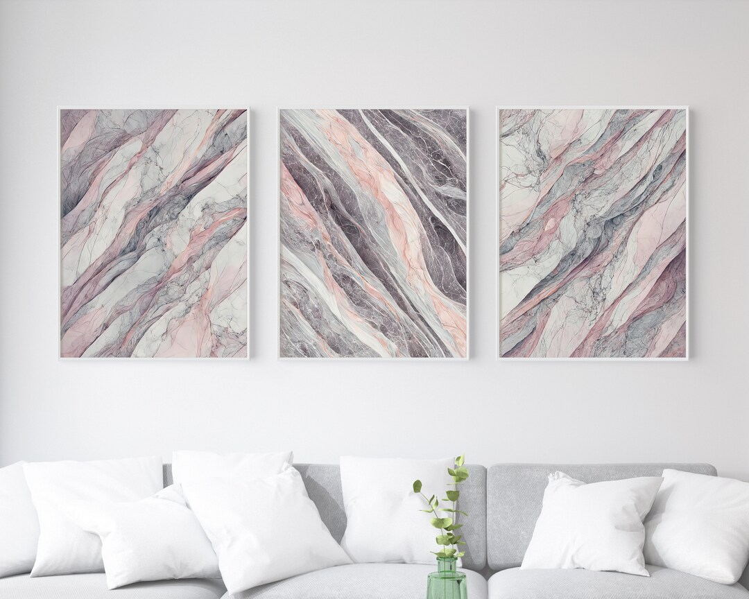 Pink and Grey Marble Wall Art Set of 3 Piece Wall Art Printable Bundle ...