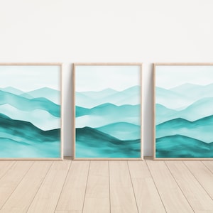 Teal Mountain Watercolor Print Set, Abstract Landscape (digital ...