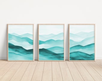 Teal Abstract Mountains Wall Art Set of 3 Piece Wall Art Prints Green Abstract Mountains Minimalist Decor Teal Ombre Watercolor Landscape