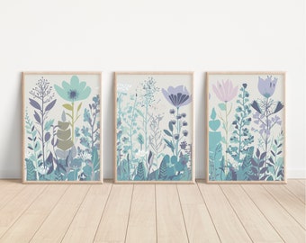 Boho Wild Flowers Wall Art Set of 3, Bohemian Wildflowers 3 Piece Wall Art Set, Floral Wall Decor, Modern Decor Pink Aqua Teal Art Prints