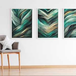 Green Abstract Wall Art Set of 3 Piece Wall Art Emerald Green Printable ...