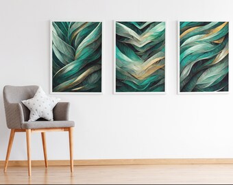 Verde abstracto pared arte conjunto de 3 piezas arte de la pared verde esmeralda imprimible arte de la pared 3 piezas conjunto moderno apartamento decoración verde moderno arte de la pared