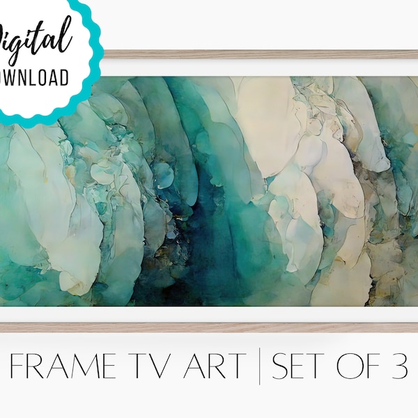 Frame TV Art, Aqua Beige Watercolor Set of 3, 4K Digital Artwork for Frame TV, Digital Download, Beach Wall Art, jade teal aqua blue black