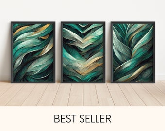 Green Abstract Wall Art Set of 3, Digital Download, Teal Apartment Decor, Dark Green Art Prints, Home Office Decor, 3 Piece Art Set