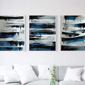 Blue Abstract Wall Art Set of 3 Piece Wall Art Digital Print Instant Download Modern Home Decor Blue Modern Wall Art black grey white