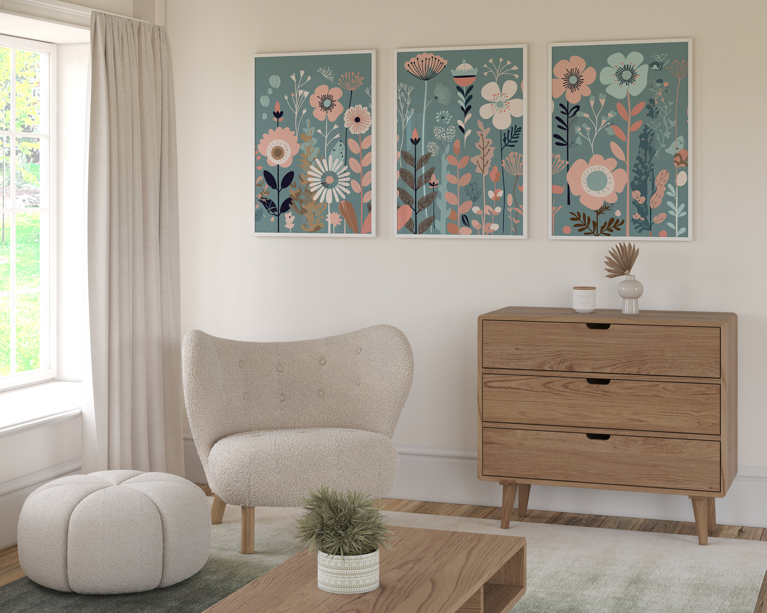 Boho Wild Flowers Wall Art Set of 3, Bohemian Wildflowers 3 Piece Wall ...
