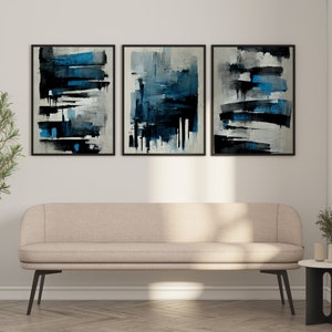 Blue Abstract Wall Art Set of 3 Piece Wall Art Digital Print Instant Download Modern Home Decor Blue Modern Wall Art black grey white