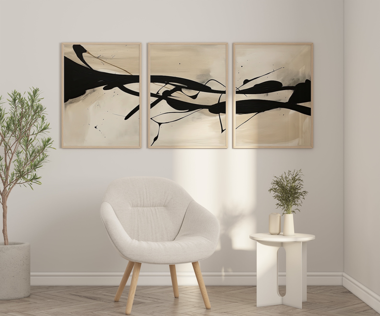 Modern Neutral Abstract Printable Wall Art Set of 3 Black and Ivory ...