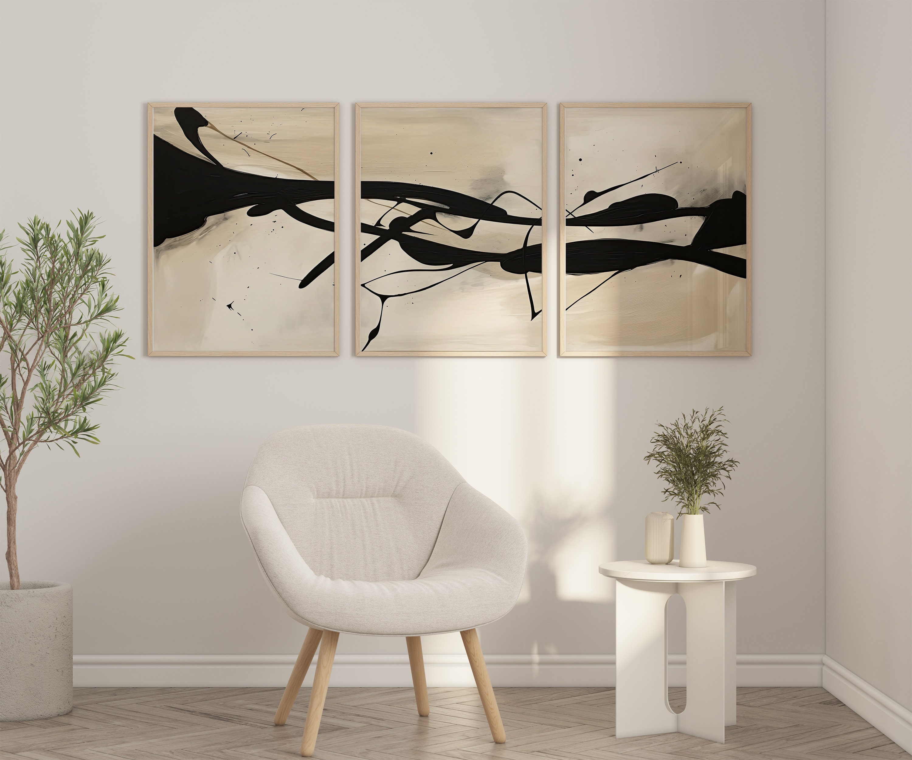 Modern Neutral Abstract Printable Wall Art Set of 3 Black and Ivory ...