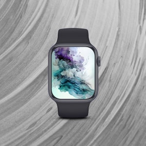 May include: A dark gray smartwatch with a black band. The watch face displays an abstract design with shades of purple, blue, and white.