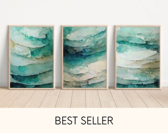 Beach Watercolor Wall Art Set of 3, Abstract Ocean Art Prints, Coastal Wall Decor, Minimalist Wall Art, Beach House Decor Sea Shore Seascape
