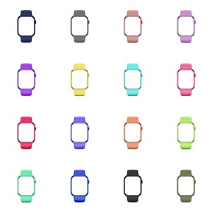May include: A set of 16 smartwatch mockups with different colored bands. The smartwatches are all in the same style, with a square face and a black screen. The bands are in a variety of colors, including blue, gray, pink, yellow, green, purple, orange, and red.