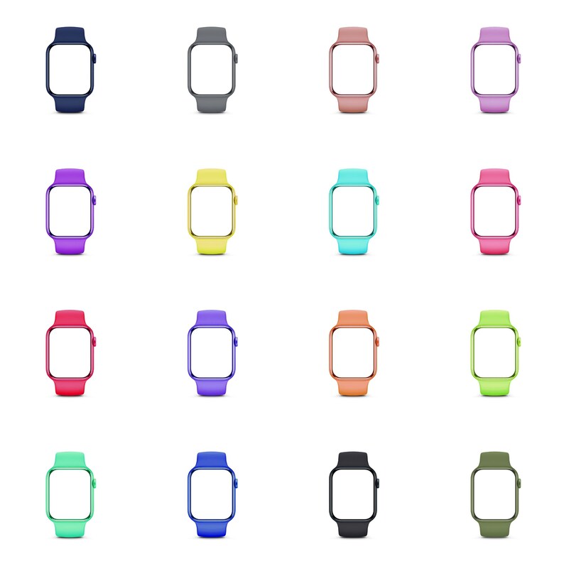 May include: A set of 16 smartwatch mockups with different colored bands. The smartwatches are all in the same style, with a square face and a black screen. The bands are in a variety of colors, including blue, gray, pink, yellow, green, purple, orange, and red.