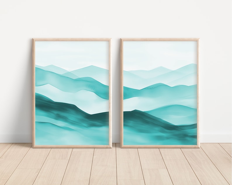 Teal Ombre Mountains Wall Art Set of 2 Piece Wall Art Prints - Etsy