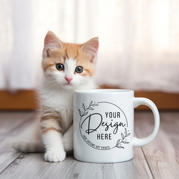 Cute Kitten Mug Mockup, White 11oz Ceramic Coffee Mugs Mock Up, Cat Cats Cup Mock-Up, PNG JPG Digital Download Animal Lover Stock Photo POD