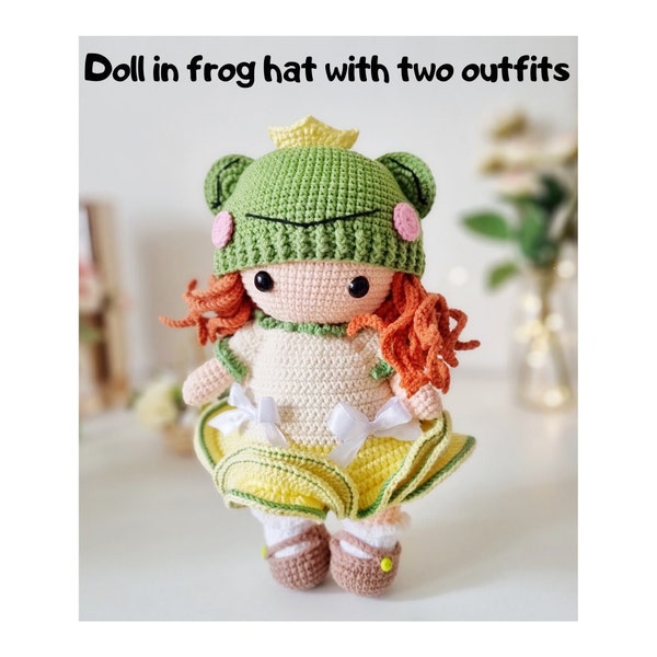 Amigurumi Doll with frog hat, two crochet outfits (dress and overall) and shoes, crochet pattern PDF file in English