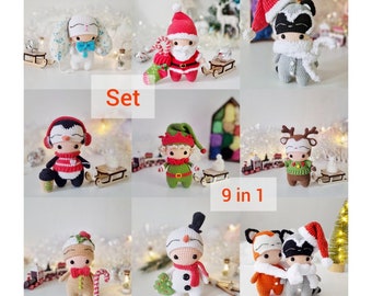 May include: A set of nine crocheted Christmas ornaments, including a snowman, penguin, elf, reindeer, gingerbread person, Santa Claus, bunny, and two raccoons. The ornaments are all handmade and feature intricate details.