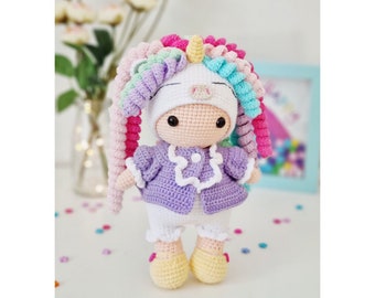 Amigurumi doll with unicorn hat and crochet clothes blouse - CROCHET PATTERN PDF (English only)