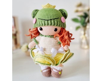Virkmönster för amigurumi-docka med grodhatt och kläder (PDF)