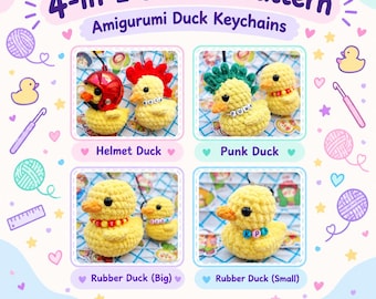 Puede incluir: Un patrón de ganchillo 4 en 1 para llaveros de pato amigurumi. La imagen muestra cuatro variantes: un pato con casco rojo, uno con cresta verde, un pato grande y uno pequeño con cuentas de letras. Texto: 4-in-1 Crochet Pattern, Amigurumi Duck Keychains, Helmet Duck, Punk Duck, Rubber Duck (Big), Rubber Duck (Small), Digital PDF pattern, not a finished toy.