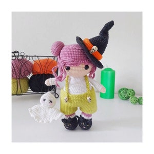 Handmade Witch doll with hat and ghost crochet pattern- Amigurumi dolls pattern in English - Halloween decor - Cute Halloween toys