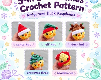 May include: A 5-in-1 Christmas crochet pattern for amigurumi duck keychains. The image displays five variations of yellow duck figures wearing different accessories: a red Santa hat, a green elf hat, a brown deer hat, a green Christmas tree, and red headphones.