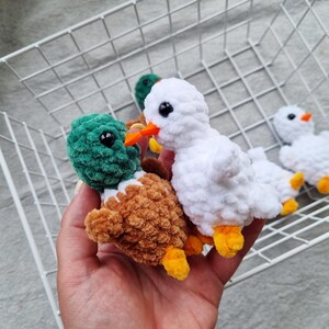 May include: Crocheted ducklings in various colors. One duckling is white with orange beak and yellow feet, another is green and brown. The ducklings are handmade and fluffy, with black eyes. The background includes a white wire basket.