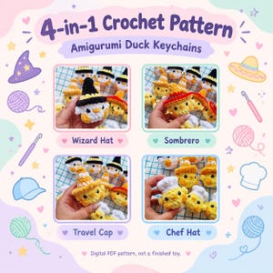 以下が含まれることがあります： あみぐるみのアヒルキーホルダーの4-in-1かぎ針編みパターン。デジタルPDFには、黒い魔法使いの帽子、カラフルなソンブレロ、黄色いトラベルキャップ、白いシェフハットをかぶった小さな黄色いアヒルの編み図が含まれています。