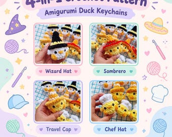 May include: A 4-in-1 crochet pattern for amigurumi duck keychains. The digital PDF includes instructions for ducks wearing a black wizard hat, a colorful sombrero, a yellow travel cap, and a white chef hat. The design features small yellow ducks.