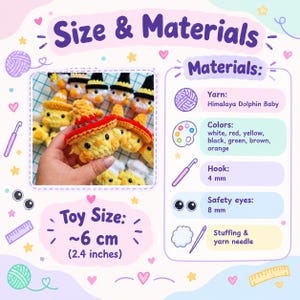 May include: A collection of small, yellow, crocheted plush figures wearing various hats, including red sombreros and black witch hats. The image includes text detailing materials like Himalaya Dolphin Baby yarn, 4 mm hooks, 8 mm safety eyes, and a toy size of approximately 6 cm or 2.4 inches.