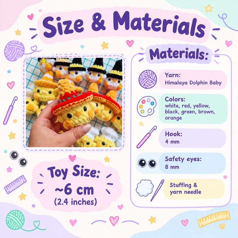 May include: A collection of small, yellow, crocheted plush figures wearing various hats, including red sombreros and black witch hats. The image includes text detailing materials like Himalaya Dolphin Baby yarn, 4 mm hooks, 8 mm safety eyes, and a toy size of approximately 6 cm or 2.4 inches.