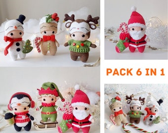 6 in 1: Christmas amigurumi toys - snowman, reindeer, gingerbread man, penguin,  Santa Claus and Elf.  Crochet patterns PDF