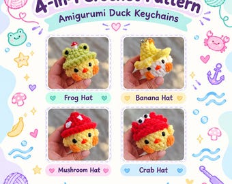 Crochet duck keychain pattern: Amigurumi duckling in hats, 4-in-1 PDF, frog banana mushroom crab