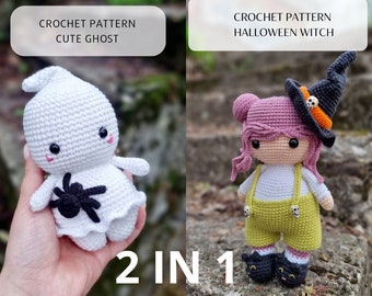Patrón de amigurumi de fantasma y bruja a crochet: Muñeca de Halloween (Patrón PDF)